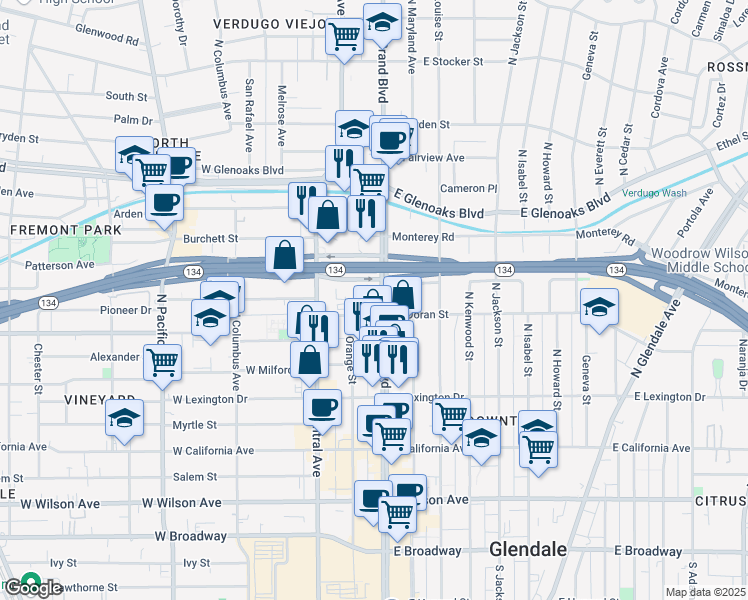 map of restaurants, bars, coffee shops, grocery stores, and more near 601 North Brand Boulevard in Glendale