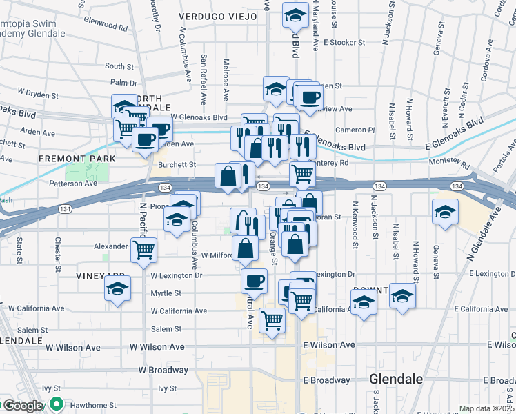 map of restaurants, bars, coffee shops, grocery stores, and more near 185w East Doran Street in Glendale
