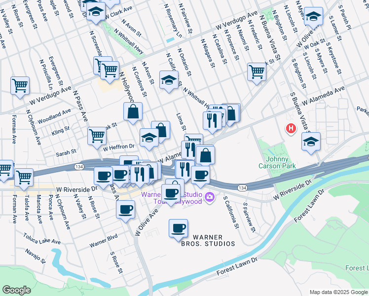 map of restaurants, bars, coffee shops, grocery stores, and more near 3415 West Alameda Avenue in Burbank