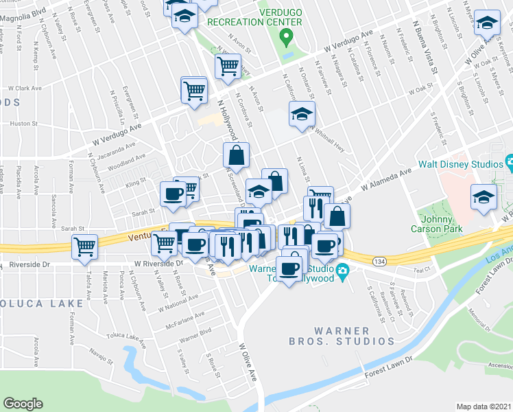 map of restaurants, bars, coffee shops, grocery stores, and more near 227 North Hollywood Way in Burbank