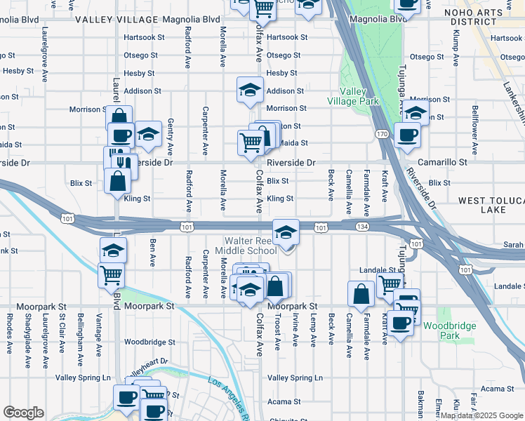 map of restaurants, bars, coffee shops, grocery stores, and more near 4630 Colfax Avenue in Los Angeles