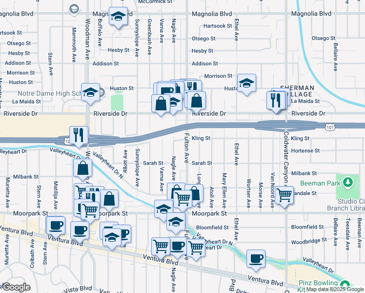 map of restaurants, bars, coffee shops, grocery stores, and more near 4634 Nagle Avenue in Los Angeles