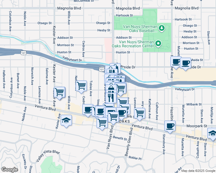 map of restaurants, bars, coffee shops, grocery stores, and more near 4610 Van Nuys Boulevard in Los Angeles