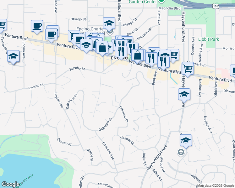 map of restaurants, bars, coffee shops, grocery stores, and more near 16881 Oak View Drive in Los Angeles