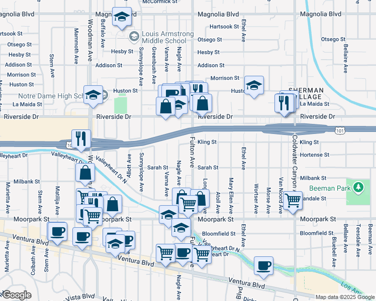 map of restaurants, bars, coffee shops, grocery stores, and more near 4641 Fulton Avenue in Los Angeles
