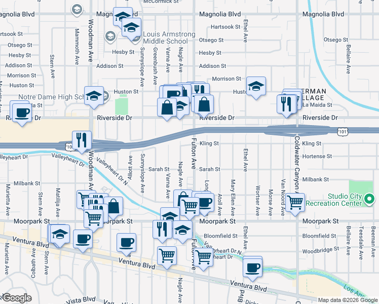 map of restaurants, bars, coffee shops, grocery stores, and more near 4641 Fulton Avenue in Los Angeles