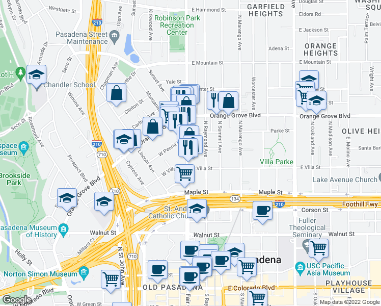 map of restaurants, bars, coffee shops, grocery stores, and more near 538 North Fair Oaks Avenue in Pasadena