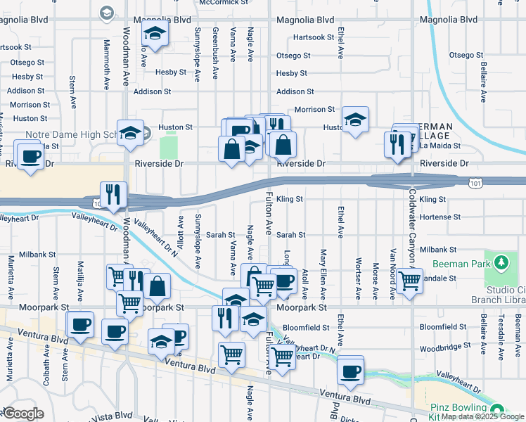 map of restaurants, bars, coffee shops, grocery stores, and more near 4641 Fulton Avenue in Los Angeles
