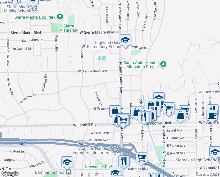 map of restaurants, bars, coffee shops, grocery stores, and more near 65 Woodland Lane in Arcadia