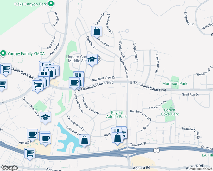 map of restaurants, bars, coffee shops, grocery stores, and more near 30448 Caspian Court in Agoura Hills
