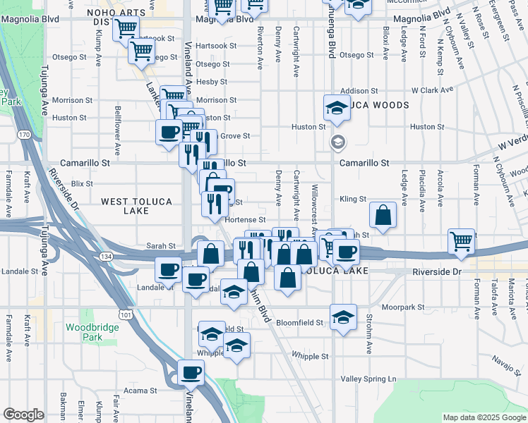 map of restaurants, bars, coffee shops, grocery stores, and more near 10757 Hortense Street in Los Angeles