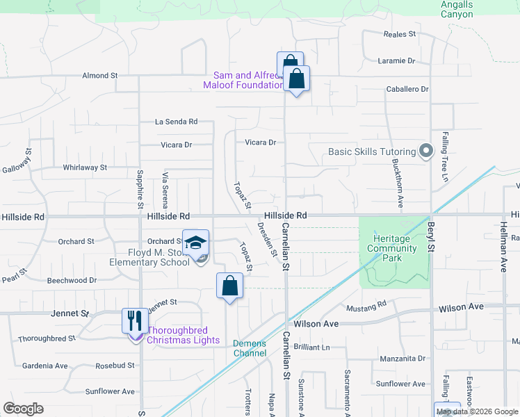 map of restaurants, bars, coffee shops, grocery stores, and more near 8628 Hillside Road in Rancho Cucamonga