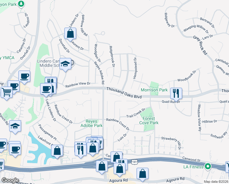 map of restaurants, bars, coffee shops, grocery stores, and more near 5647 Middle Crest Drive in Agoura Hills
