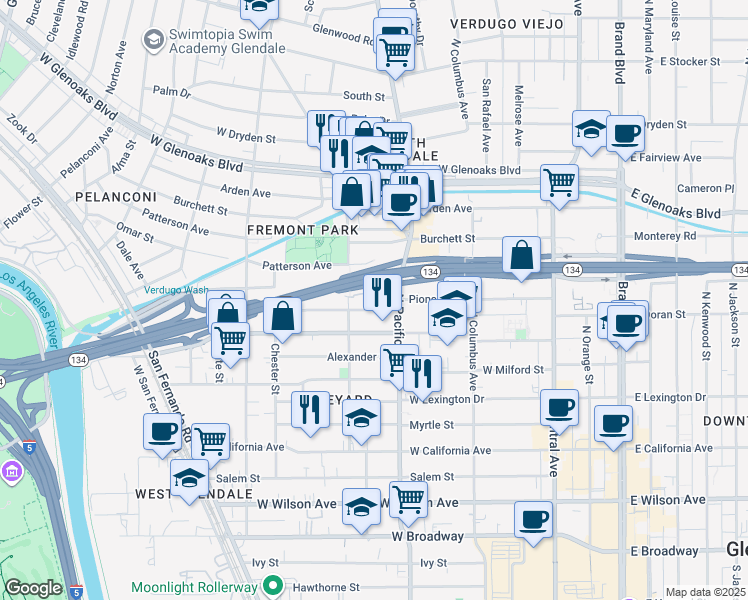 map of restaurants, bars, coffee shops, grocery stores, and more near 515 Pioneer Drive in Glendale