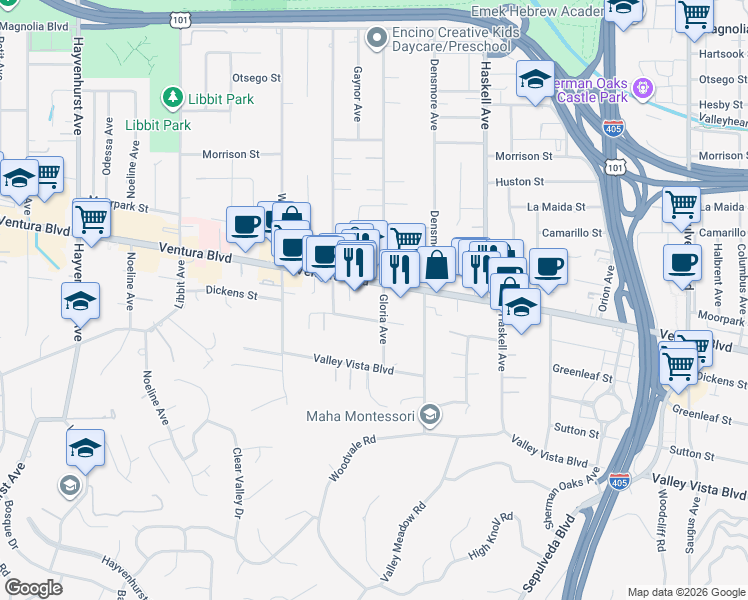 map of restaurants, bars, coffee shops, grocery stores, and more near 15910 Ventura Boulevard in Los Angeles