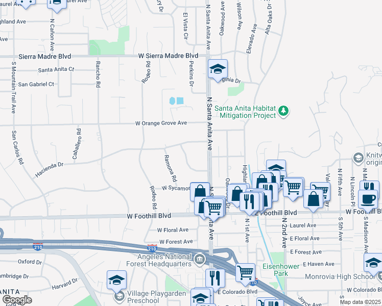map of restaurants, bars, coffee shops, grocery stores, and more near 65 Woodland Lane in Arcadia