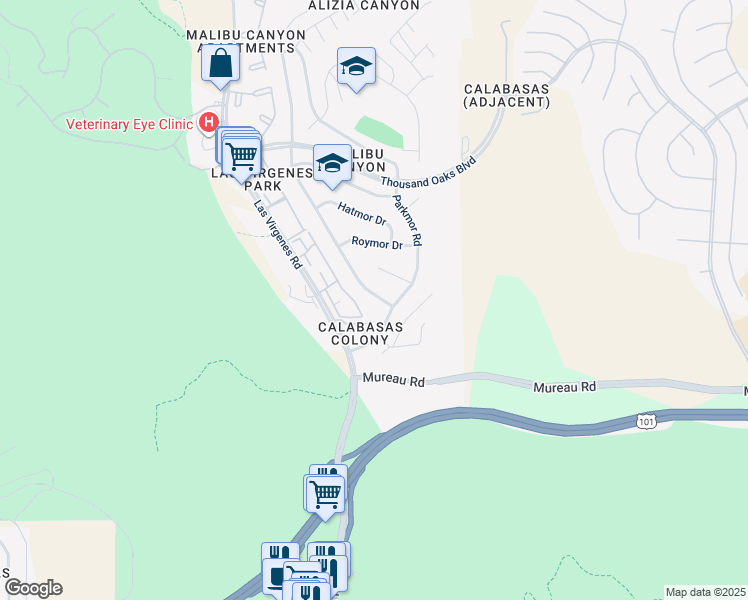 map of restaurants, bars, coffee shops, grocery stores, and more near 5423 Ruthwood Drive in Calabasas