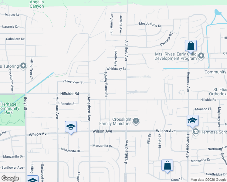 map of restaurants, bars, coffee shops, grocery stores, and more near 9612 Enclave Drive in Rancho Cucamonga