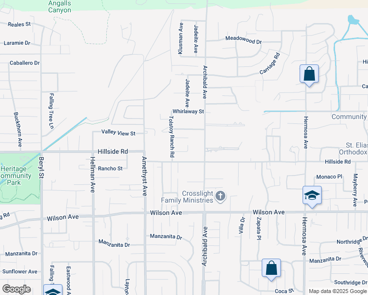 map of restaurants, bars, coffee shops, grocery stores, and more near 9612 Enclave Drive in Rancho Cucamonga