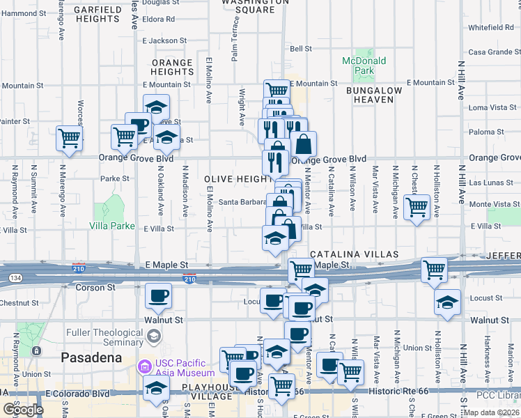 map of restaurants, bars, coffee shops, grocery stores, and more near 808 Santa Barbara Street in Pasadena