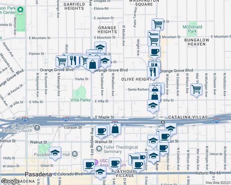 map of restaurants, bars, coffee shops, grocery stores, and more near 532 North Madison Avenue in Pasadena