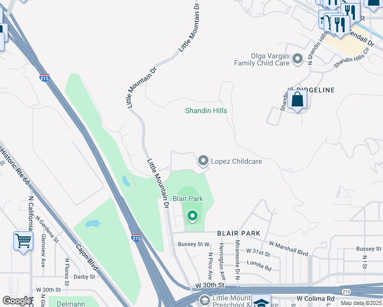 map of restaurants, bars, coffee shops, grocery stores, and more near 1440 West Edgehill Road in San Bernardino