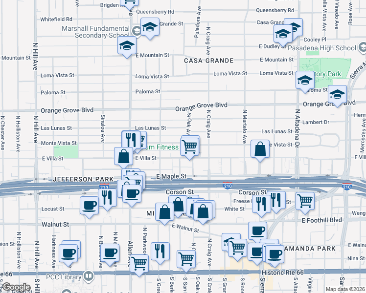 map of restaurants, bars, coffee shops, grocery stores, and more near 2028 Monte Vista Street in Pasadena