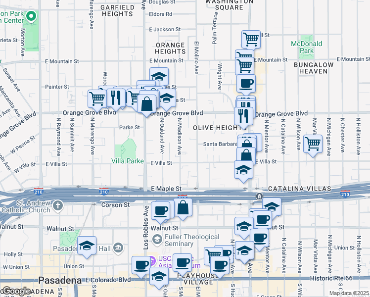 map of restaurants, bars, coffee shops, grocery stores, and more near 536 North Madison Avenue in Pasadena