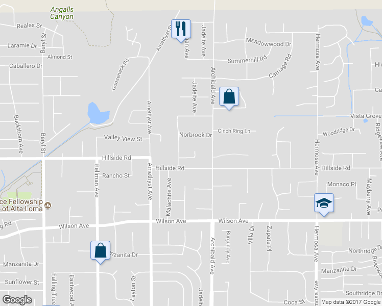 map of restaurants, bars, coffee shops, grocery stores, and more near 9612 Enclave Drive in Rancho Cucamonga