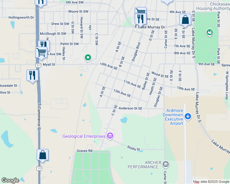 map of restaurants, bars, coffee shops, grocery stores, and more near 212 12th Avenue Southeast in Ardmore
