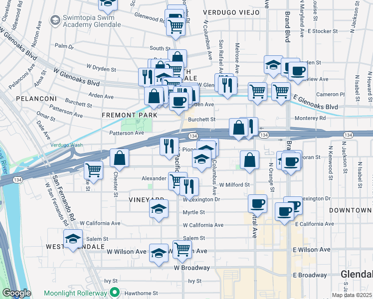 map of restaurants, bars, coffee shops, grocery stores, and more near Pioneer Drive in Glendale