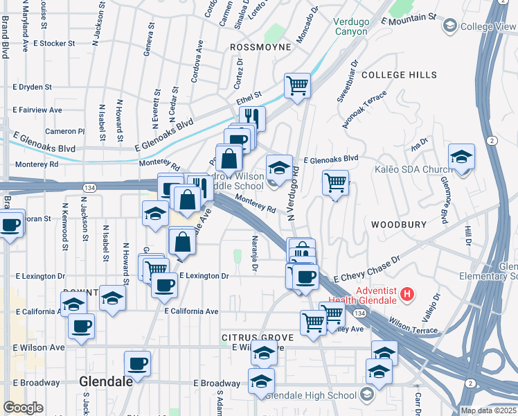 map of restaurants, bars, coffee shops, grocery stores, and more near 630 Naranja Drive in Glendale