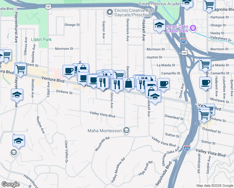 map of restaurants, bars, coffee shops, grocery stores, and more near 4612 Gloria Avenue in Los Angeles