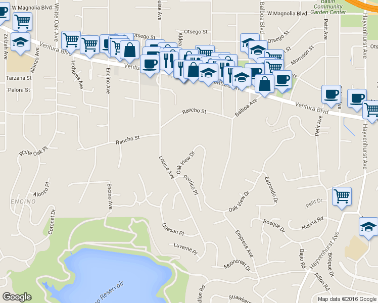 map of restaurants, bars, coffee shops, grocery stores, and more near 17255 Oak View Drive in Los Angeles