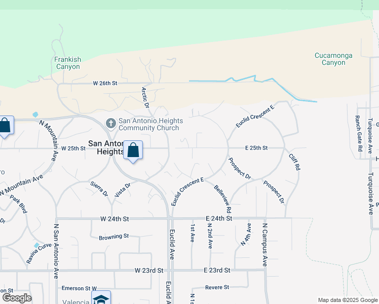 map of restaurants, bars, coffee shops, grocery stores, and more near 250 East 25th Street in Upland