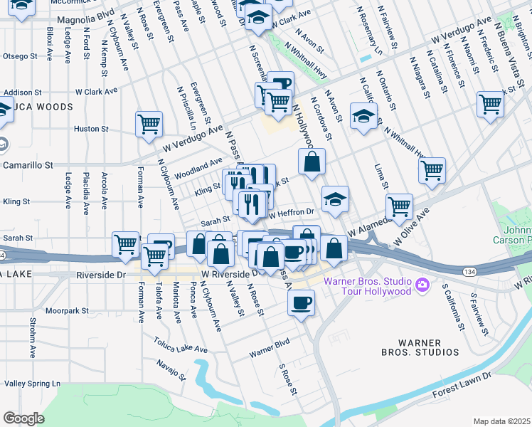 map of restaurants, bars, coffee shops, grocery stores, and more near 310 North Pass Avenue in Burbank