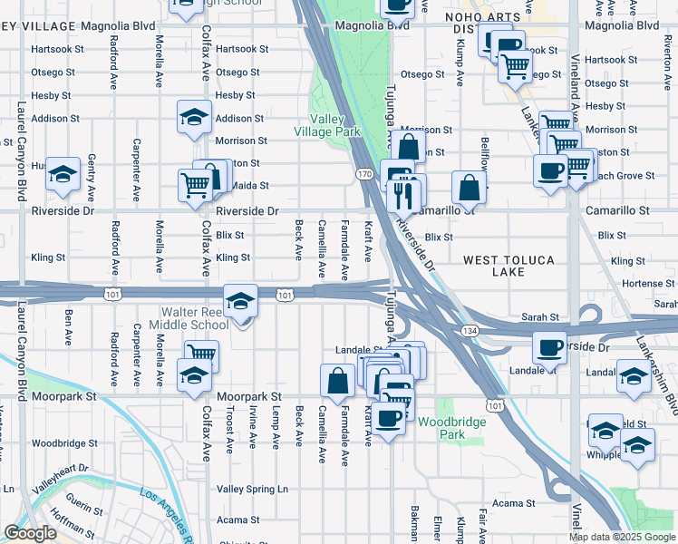 map of restaurants, bars, coffee shops, grocery stores, and more near 4645 Farmdale Avenue in Los Angeles