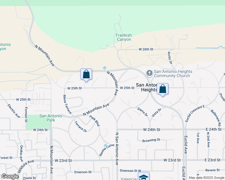 map of restaurants, bars, coffee shops, grocery stores, and more near 820 West 25th Street in Upland