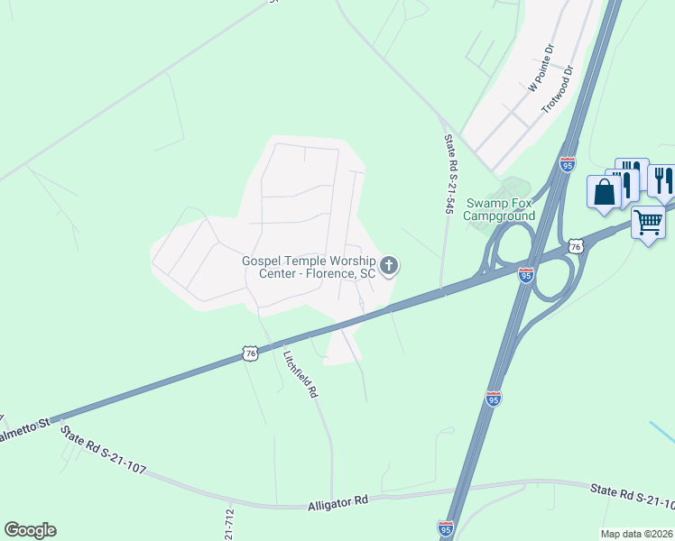 map of restaurants, bars, coffee shops, grocery stores, and more near 1643 Lake Wateree Drive in Florence
