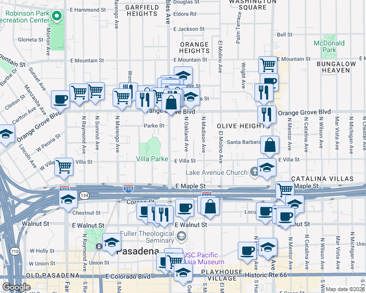 map of restaurants, bars, coffee shops, grocery stores, and more near 519 North Oakland Avenue in Pasadena