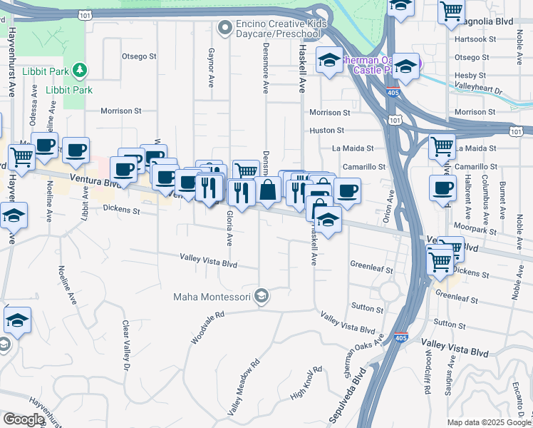 map of restaurants, bars, coffee shops, grocery stores, and more near 15760 Ventura Boulevard in Los Angeles