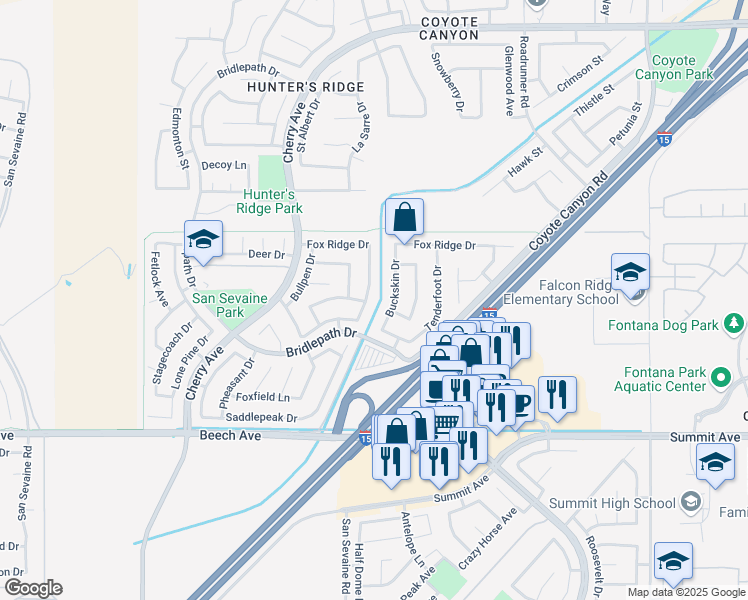 map of restaurants, bars, coffee shops, grocery stores, and more near 5433 Grand Prix Court in Fontana