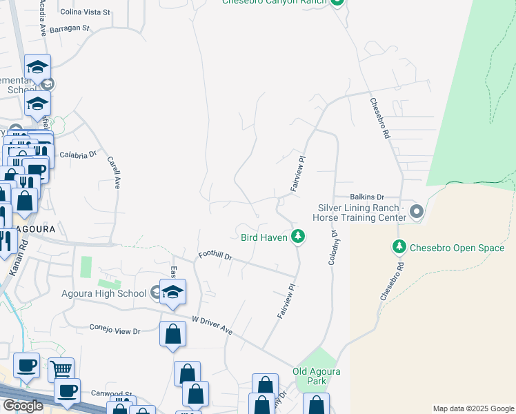 map of restaurants, bars, coffee shops, grocery stores, and more near 5850 Lapworth Drive in Agoura Hills