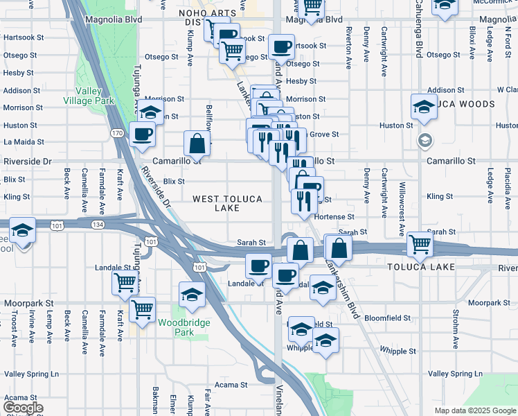 map of restaurants, bars, coffee shops, grocery stores, and more near 11006 Kling Street in Los Angeles