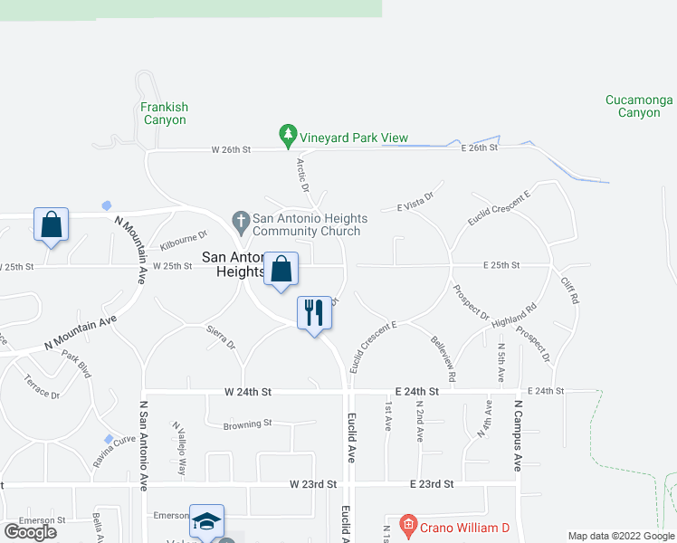 map of restaurants, bars, coffee shops, grocery stores, and more near 2495 Vista Drive in Upland
