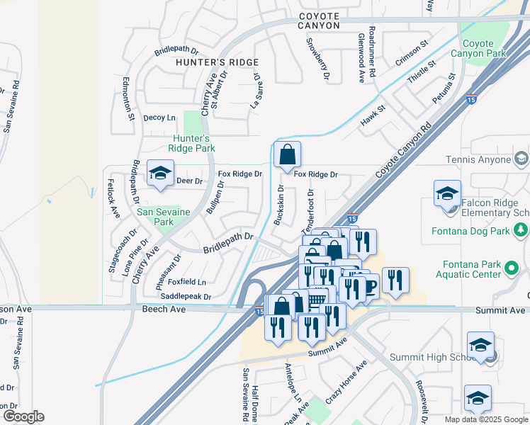 map of restaurants, bars, coffee shops, grocery stores, and more near 5433 Grand Prix Court in Fontana