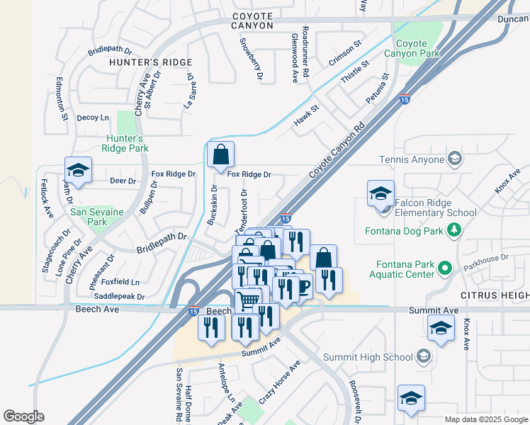 map of restaurants, bars, coffee shops, grocery stores, and more near 5431 Osprey Court in Fontana
