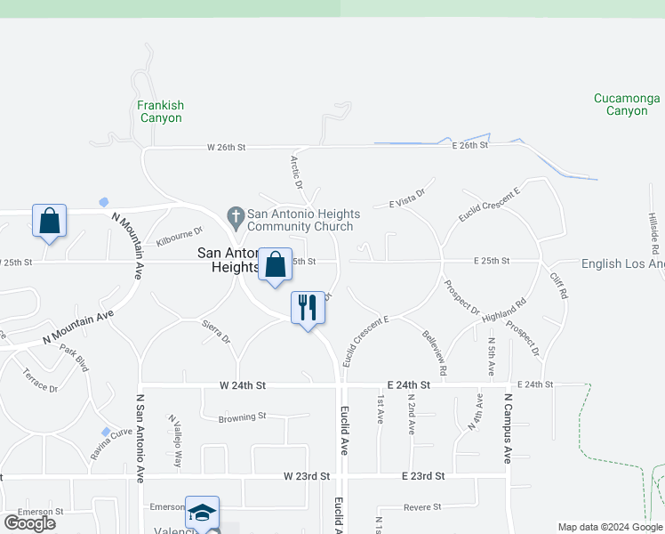 map of restaurants, bars, coffee shops, grocery stores, and more near 2495 Vista Drive in Upland