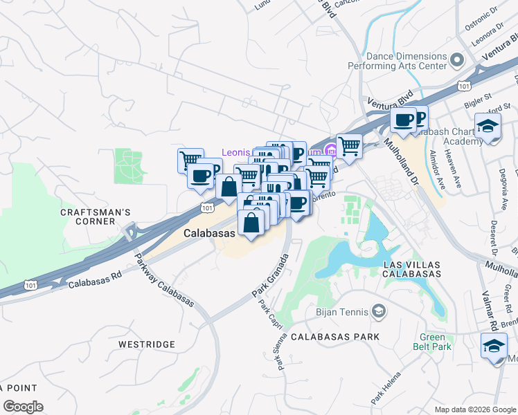 map of restaurants, bars, coffee shops, grocery stores, and more near 23700 Calabasas Road in Calabasas