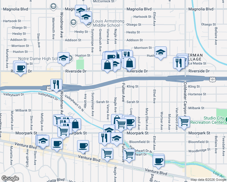 map of restaurants, bars, coffee shops, grocery stores, and more near 4634 Nagle Avenue in Los Angeles